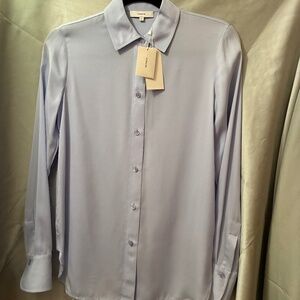 NWT Vince Stretch Silk Slim Fit Button Up Long Sleeve Blouse Light Blue Size XS